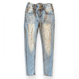 Girls skinny stretchy blue jeans distressed floral patches sz 8
